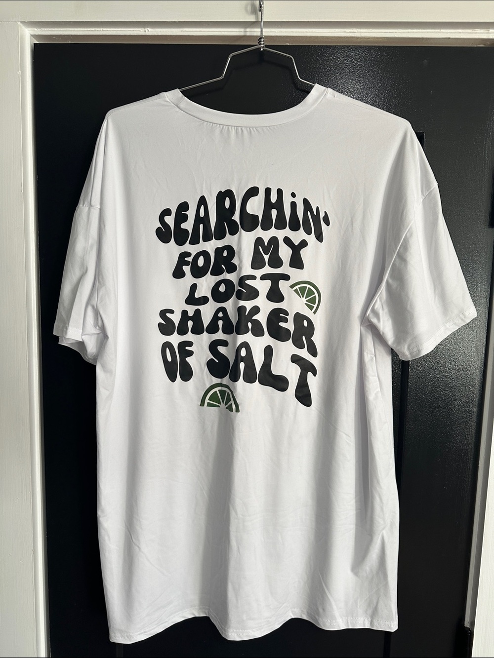 SHEIN White Short-Sleeve Graphic Tee with Black Text and Green Lime Accents